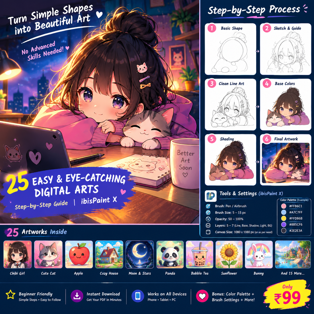 Cute character and cat drawing workbook visual